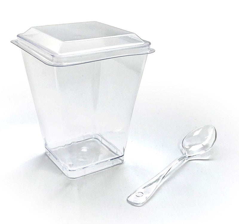 zappy 42 5 oz Tall Square Mini Dessert Cups with Lids and Tasting Spoons, Large Dessert Glasses Shot Glasses Trifle Bowl, Clear Disposable Plastic Dessert Tumbler Cups Small Party Cups - Image 1